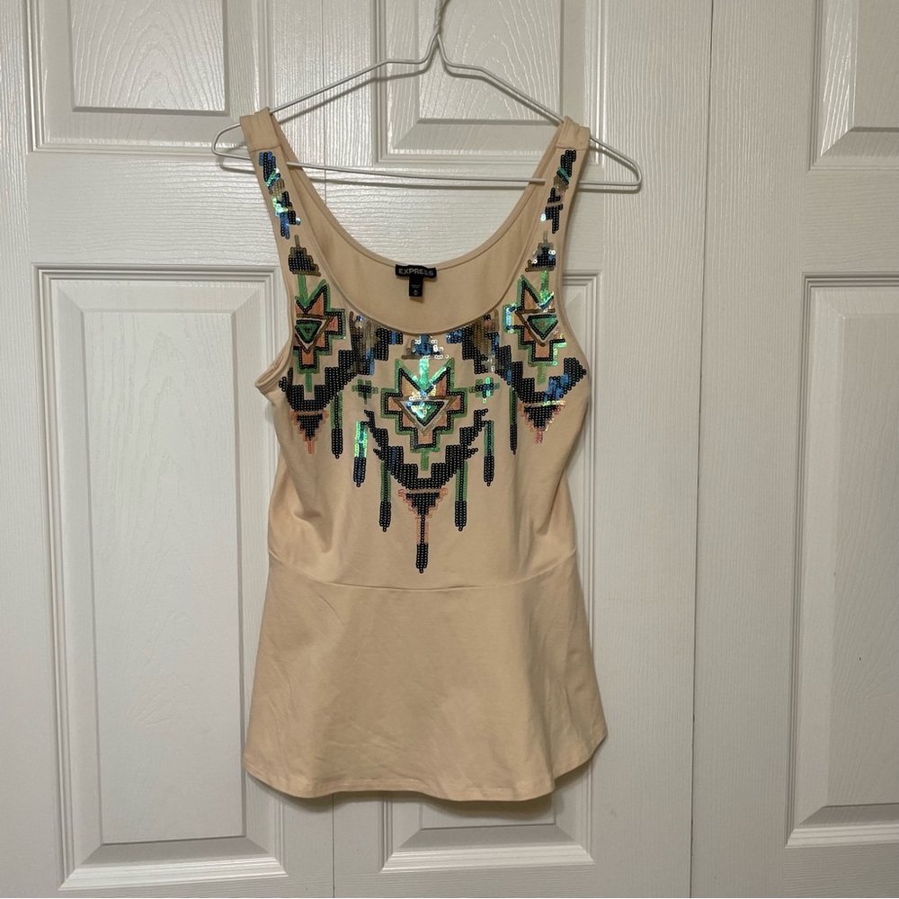 Express Tan Embellished Peplum Tank Top